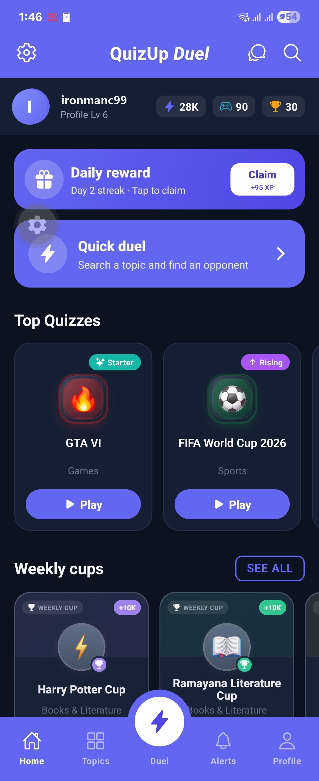 QuizUp Duel home screen